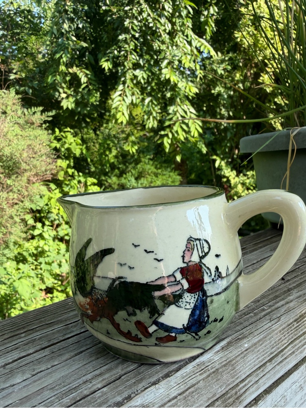 Made in Austria Creamer Woman Chasing Rooster 7258 Sage green And Cream